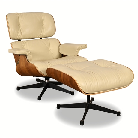 Mid-Century Style Eames Lounge Chair & Ottoman — Cream Leather, Walnut