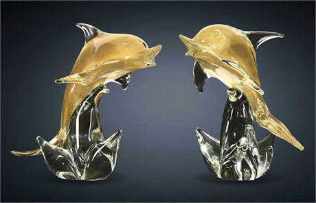 Pair 9.5" Murano Blown Glass Dolphin Sculptures