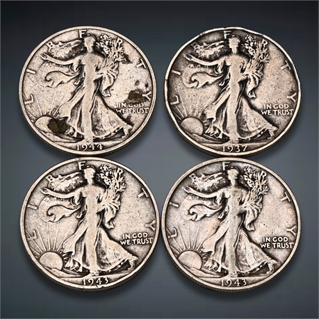 1937 - 1944 (4) Walking Liberty Silver Half Dollars
