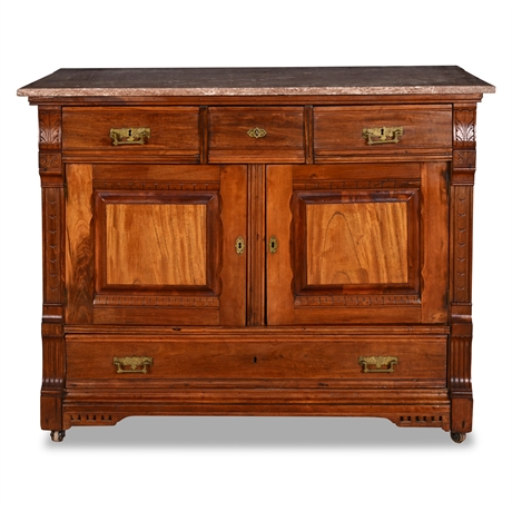 19th C. French Walnut Buffet with Marble Top & Brass Mounts