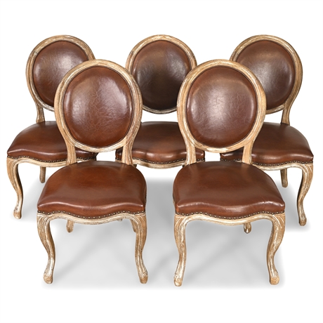 Set of 5 Louis XV-Style Imported Dining Chairs — Leather & Nailhead Trim