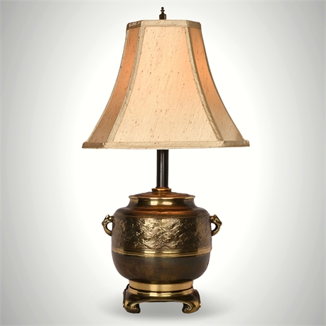 Vintage Brass Asian-Style Table Lamp – Embossed Dragon Motif, 3-Way Switch