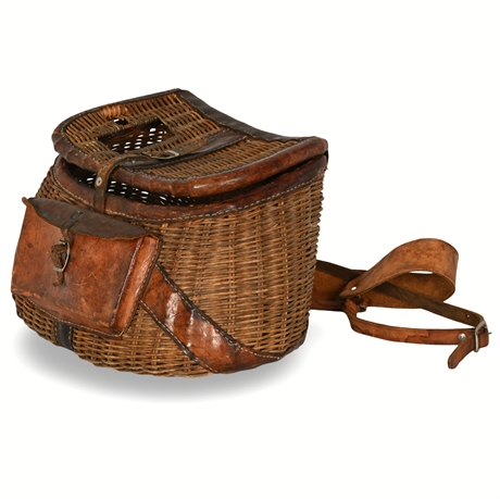 Vintage Wicker & Leather Fishing Creel – Leather Strap & Pouch