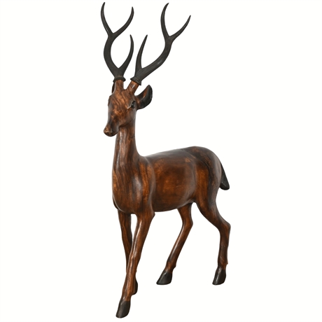 Majestic Hand-Carved Wooden Deer Sculpture