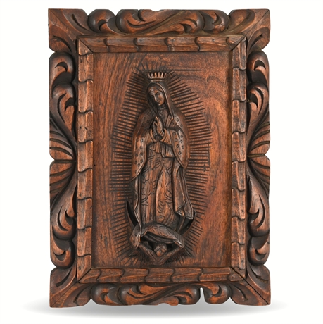 Hand-Carved Solid Wood Virgen Mary Panel, Wall-Mountable, 15.35" x 11.35"