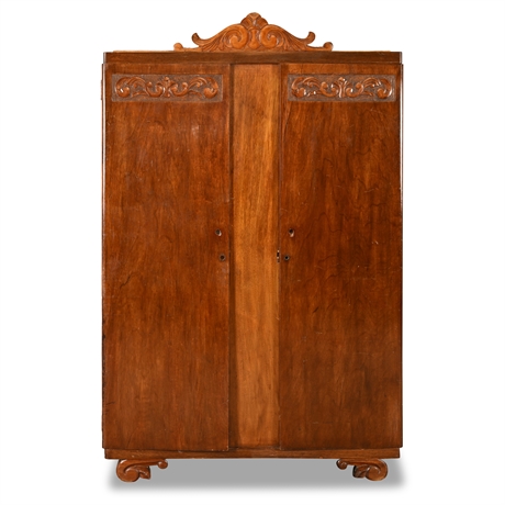 Antique Belgian Armoire with Carved Pediment & Mirror, 72.5" H