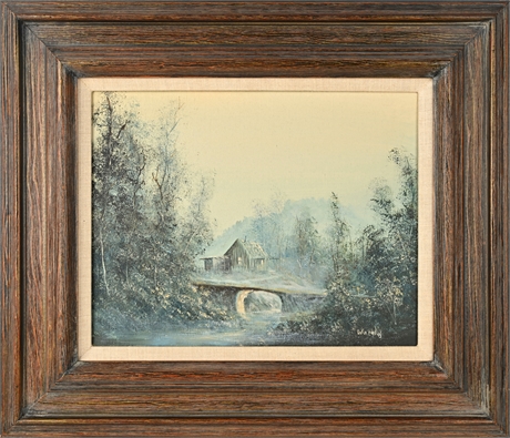 Lester Hughes Signed Oil Landscape with Old Cabin Near the Crossing