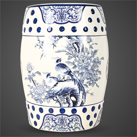 Hand-Painted Blue & White Chinese Garden Stool — Birds & Peonies