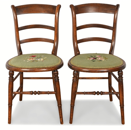 Pair of 19th Century Antique Chairs Wool Needlepoint Seats