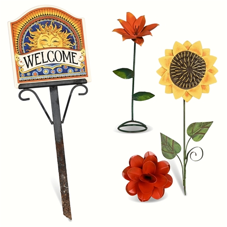 4-Piece Garden Decor Set – Welcome Sign & Hand-Painted Metal Flowers, Mexico