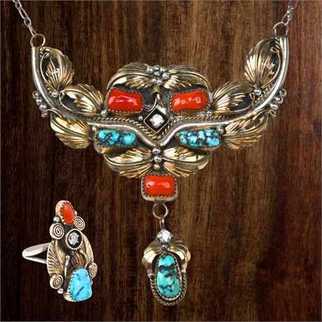 Navajo Gold-Filled Coral & Turquoise Jewelry Set with CZ