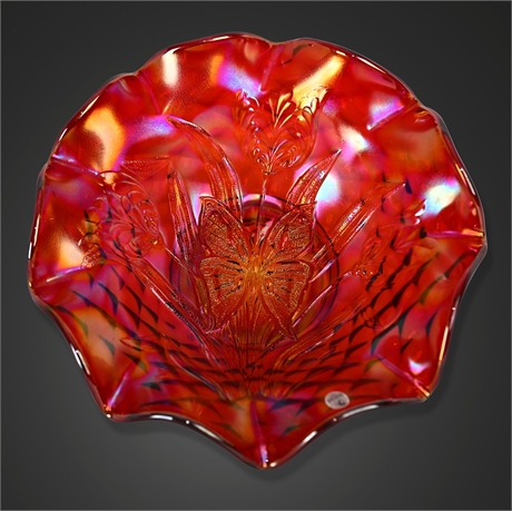 Fenton Butterfly & Tulip Red Carnival Glass Bowl 4386 RC, 11.25"