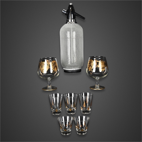 Vintage iSi Soda Siphon w/ Moser Glass Body & 8-Pc Gold Barware Lot