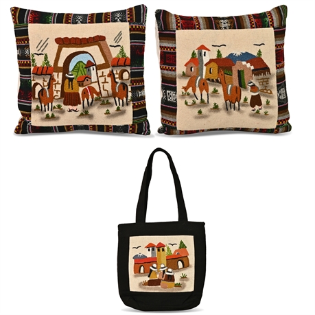 Pair Peruvian Embroidered Pillows & Tote Bag