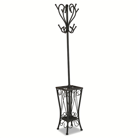 Scrolled Iron Hall Tree Coat Rack with Umbrella Stand Base