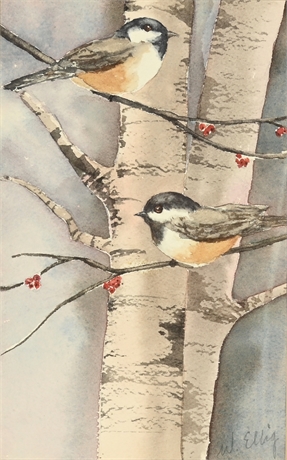 "Chickadees" – Original Watercolor by Wanda Ellig, Framed