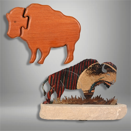 Western Buffalo Duo – Wooden Puzzle Box & Sandstone-Iron Sculpture Set