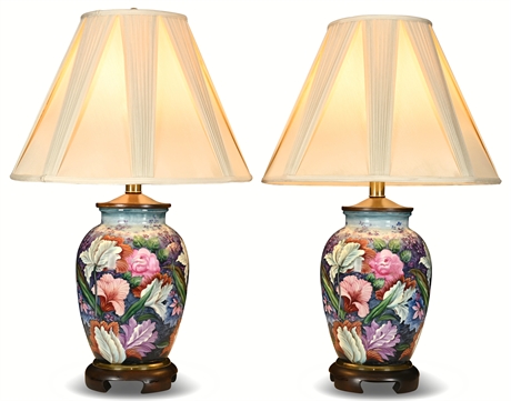 Pair of Frederick Cooper Signed Porcelain Floral Table Lamps with Shades