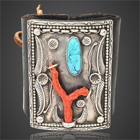 Navajo Sterling Silver Ketoh Cuff with Turquoise & Coral on Leather