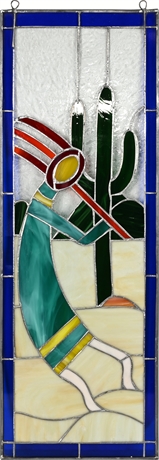 Southwest Stained Glass Panel – Kokopelli & Cactus, 30x10" – Local Artist