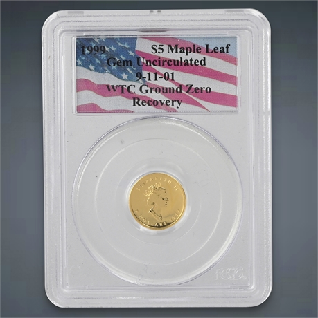 9/11 WTC $5 Canadian Gold Maple Leaf, 1/10 oz