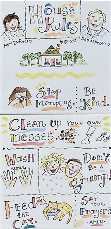 "House Rules", Hand-Drawn & Hand-Painted Ceramic Tile by Nina Cambron