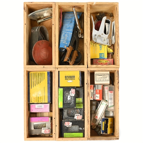 6 Wooden Crates of Fasteners, Tools, and Hardware Supplies – Nails, Screws...