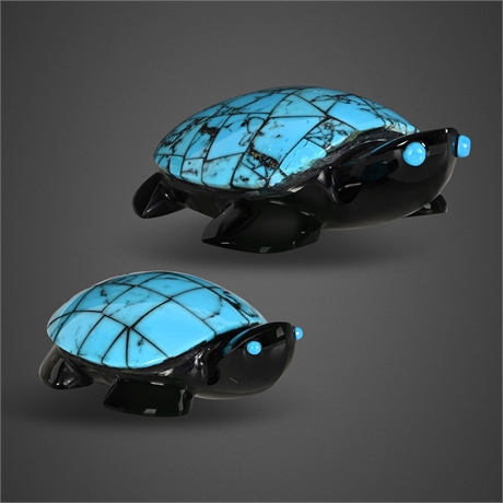 Mexican Obsidian & Turquoise Mosaic Inlay Turtle Figurines, Pair