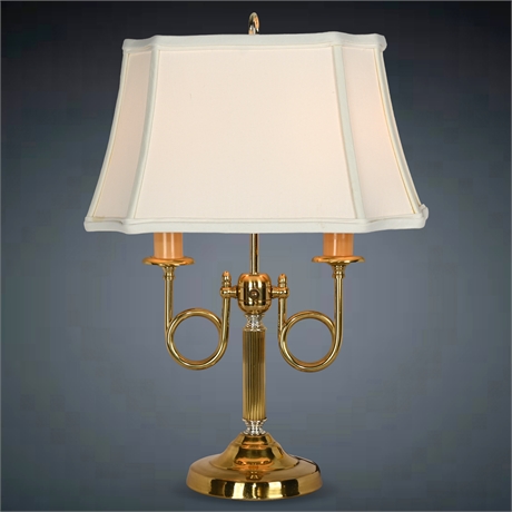 Twin Horn Brass French Bouillotte Style Lamp With Shade