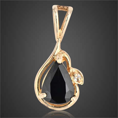 14K Yellow Gold Pendant with Pear-Cut Synthetic Blue-Green Sapphire & Diamond