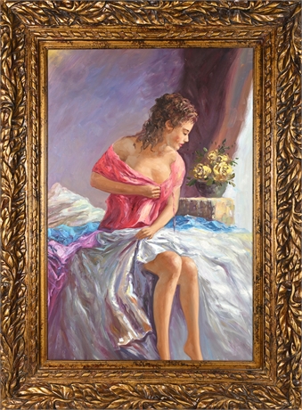Romantic Oil on Canvas – Female Figure with Roses, 47” Gilt Frame
