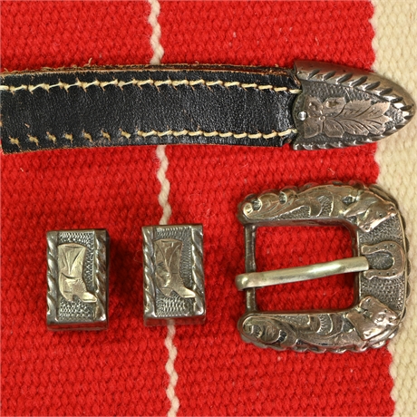 Vintage Sterling Silver Guadalajara Ranger Belt Buckle Set