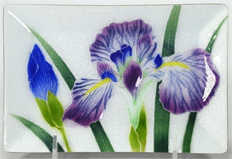 Tutanka Japanese Purple Iris Flowers Enamel Rectangle Tray Silver