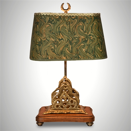 Mid-Century Brass & Wood Desk Lamp with Mail Organizer — Dual Light, 18"