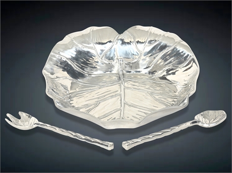 Mexican Handcrafted Aluminum Leaf-Shaped Serving Bowl with Salad Servers