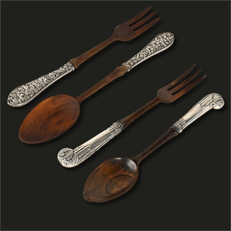 2 Sterling Salad Serving Sets Wood Handles Whiting Lily Cheltenham