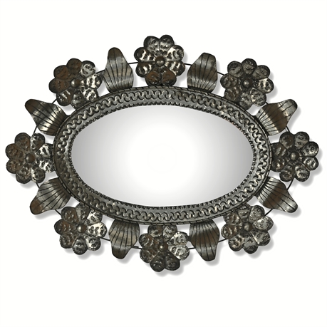 Vintage Mexican Pressed Steel Mirror - Ornate Floral Design