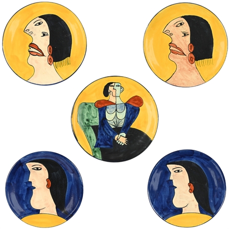 Amora's Vision: A Collection of Five Picasso-Influenced Ceramic Plates from Mexi