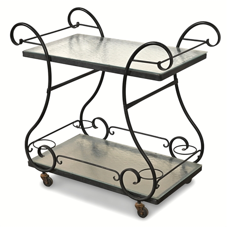 Vintage Mid-Century Wrought Iron & Textured Glass Bar Cart — Scrollwork Design