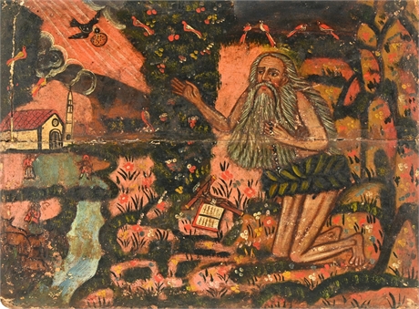 Antique Mexican Retablo – Elijah the Prophet, Oil on Wood Panel