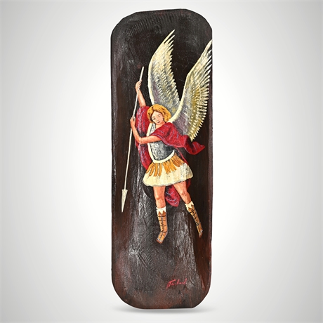 St. Michael Archangel Hand-Carved Dough Bowl Painting — Wall Mountable, Signed