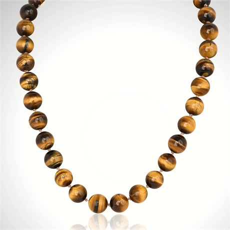 Vintage 14K Gold Clasp Tiger’s Eye Bead Necklace, 18.5”