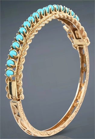 Vintage 14K Yellow Gold & Persian Turquoise Hinged Bangle Bracelet