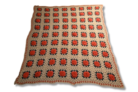 Vintage Handmade Red Roses Crocheted Granny Square Afghan Blanket
