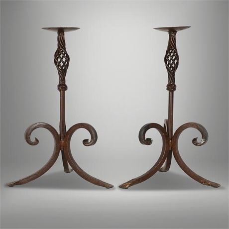 Pair of 15.5" Mexican Wrought Iron Candlesticks, Twisted Column Design