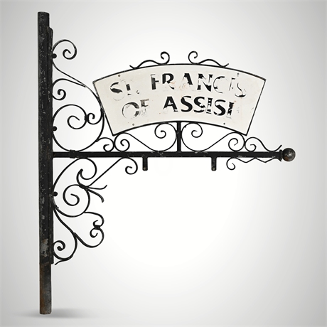 St. Francis of Assisi Wrought Iron Church Sign — Scrollwork Bracket
