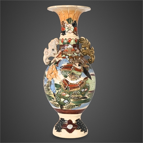 Samurai Warrior Satsuma Vase — Hand-Painted Moriage, 15.5"
