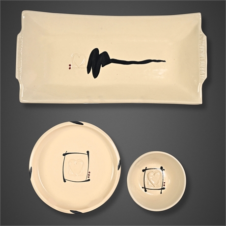 Janice Cook Ceramic 3-Pc Serving Set — Tray, Plate & Bowl, Signed