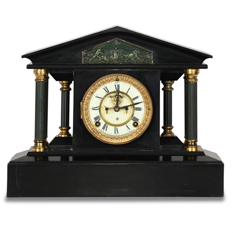 1880's Ansonia Black Cast Iron Mantle Clock with Open Escapement