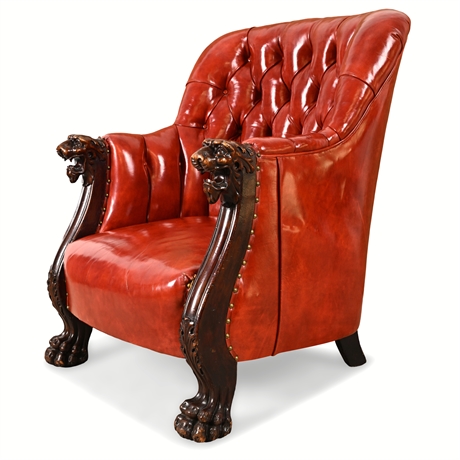 Empire Revival Mahogany Armchair – Carved Lion Heads & Paw Feet, Red Leather